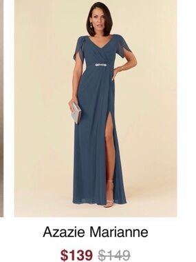 Azazie Marianne Slate Blue Maxi Gown with Waist Embellishment